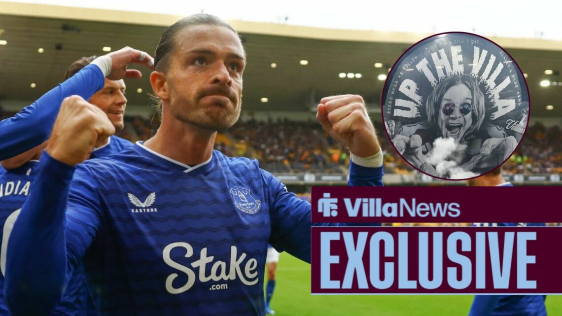 Jack Grealish celebrating for Everton looking towards a circle inset of a Ozzy Osbourne tifo at Villa Park