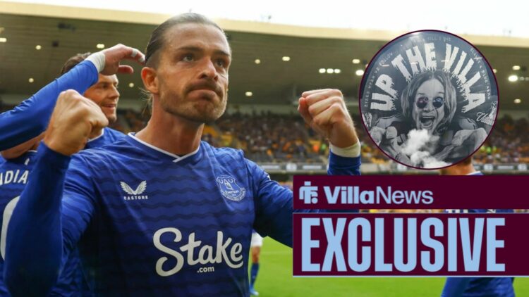 Jack Grealish celebrating for Everton looking towards a circle inset of a Ozzy Osbourne tifo at Villa Park