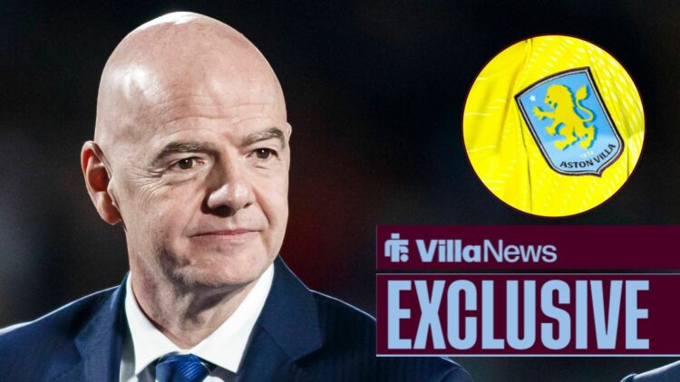 Gianni Infantino looking right straight-faced with Aston Villa badge in circular inset