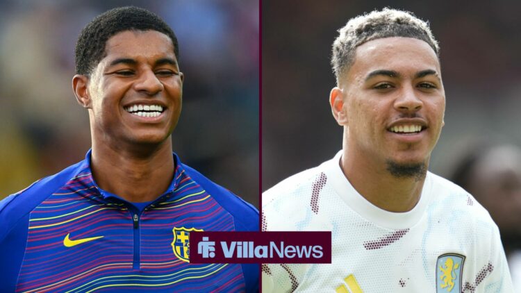 Marcus Rashford and Morgan Rogers in separate insets smiling