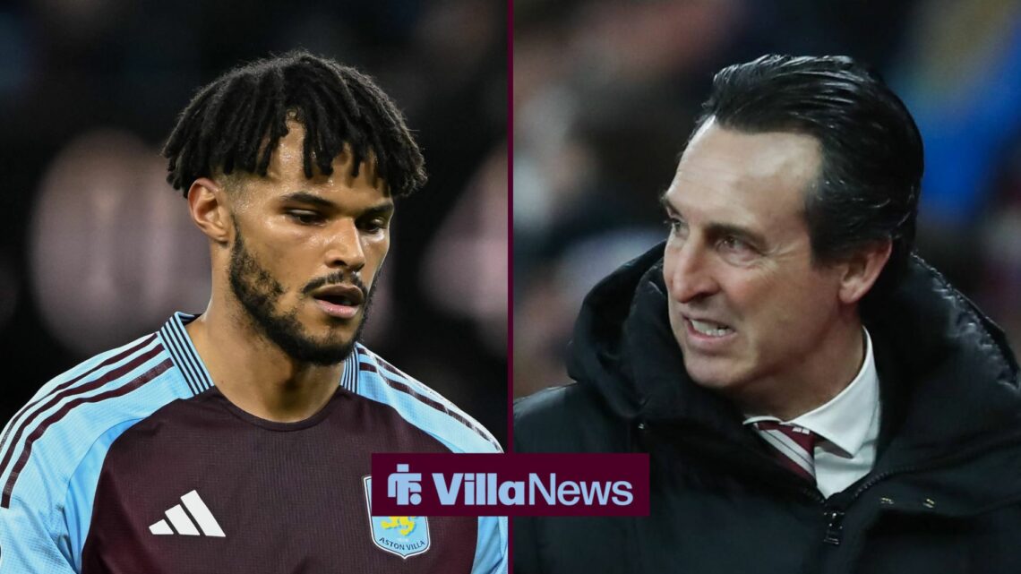 Aston Villa defender Tyrone Mings with manager Unai Emery looks concerned