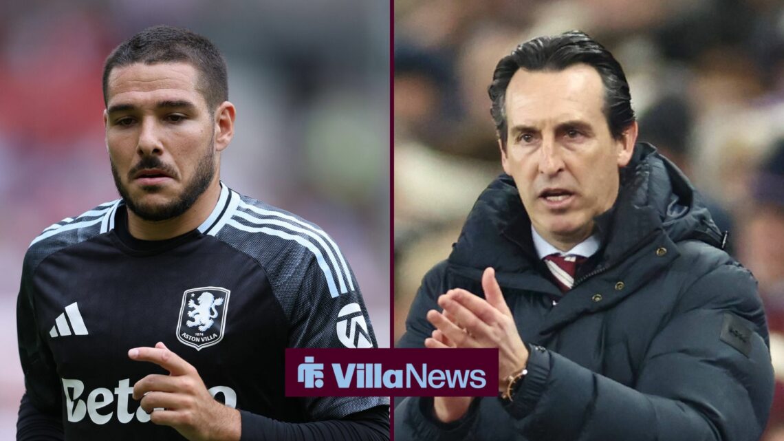 Aston Villa midfielder Emi Buendia with Unai Emery claps
