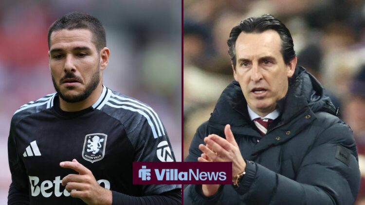 Aston Villa midfielder Emi Buendia with Unai Emery claps