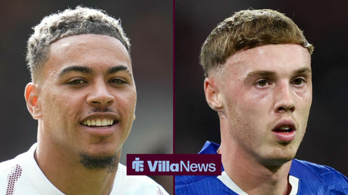 Aston Villa midfielder Morgan Rogers smiles with Chelsea midfielder Cole Palmer