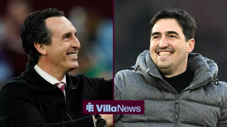 Unai Emery and Andoni Iroala smiling at each other.
