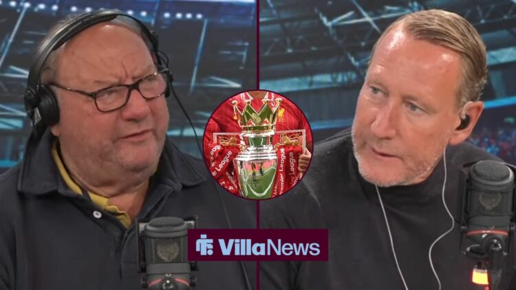 Alan Brazil speaking on talkSPORT looking towards Ray Parlour speaking on talkSPORT with a circle inset of the Premier League trophy in the centre