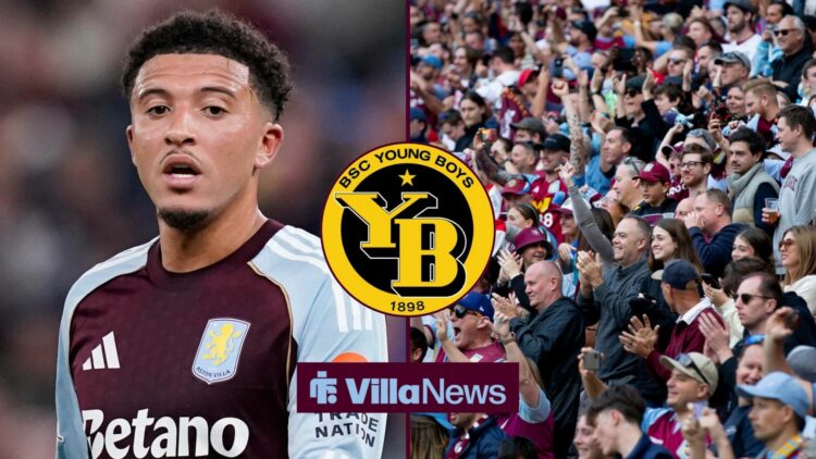 Jadon Sancho and Aston Villa fans on opposite sides with BSC Young Boys Badge in middle.