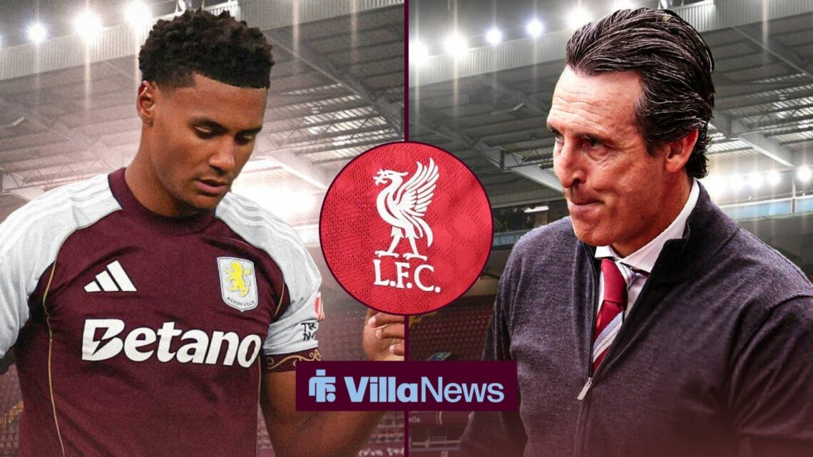 Ollie Watkins and Unai Emery looking annoyed either side of a Liverpool badge in a circle inset