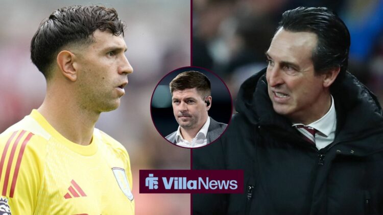 Emi Martinez and Unai Emery looking annoyed towards each other in insets alongside a circle inset of Steven Gerrard