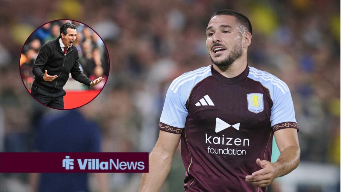 Emi Buendia looks frustrated as Unai Emery shouts in round overlay