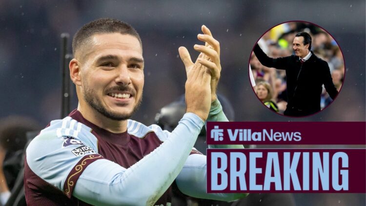 Emi Buendia clapping and Unai Emery giving a thumbs up to fans in a round overlay