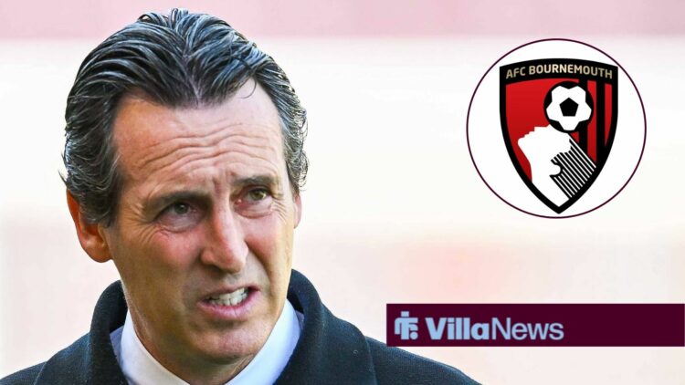 Unai Emery grimacing at the Bournemouth badge in circular inset