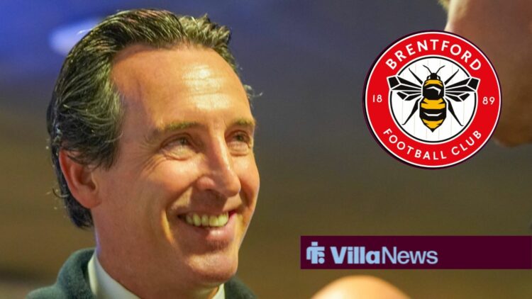 Unai Emery smiling at Brentford badge in circular insert