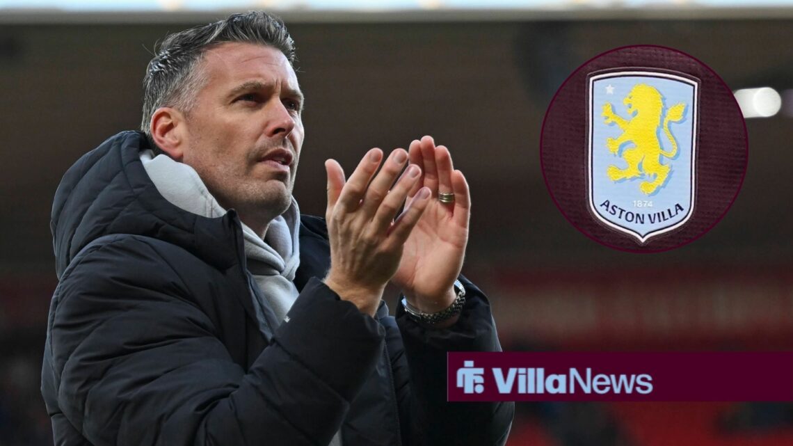 Rob Edwards clapping with Aston Villa badge in circle