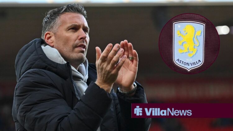 Rob Edwards clapping with Aston Villa badge in circle