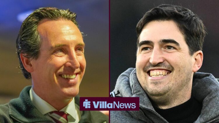 Unai Emery smiling at Andoni Iraola in a split image