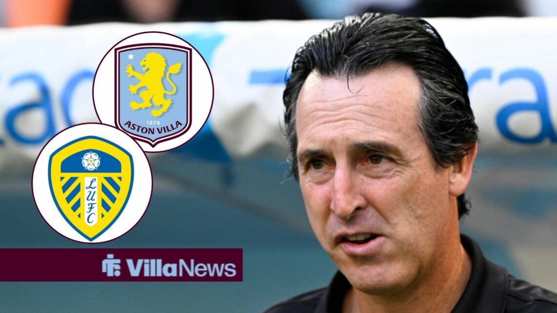 Unai Emery focused on Leeds United and Aston Villa badges in circular insets