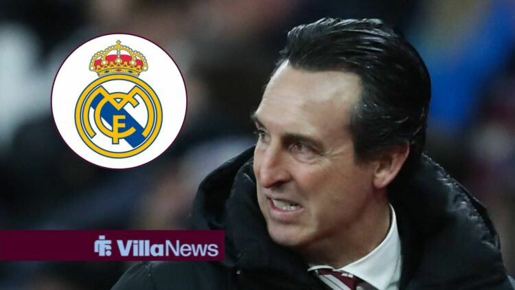 Unai Emery looking at Real Madrid badge in circular image