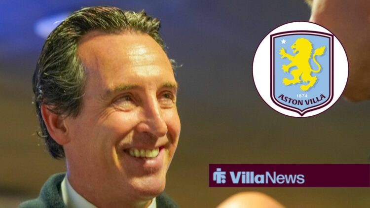 Unai Emery smiling at Aston Villa badge in circular inset