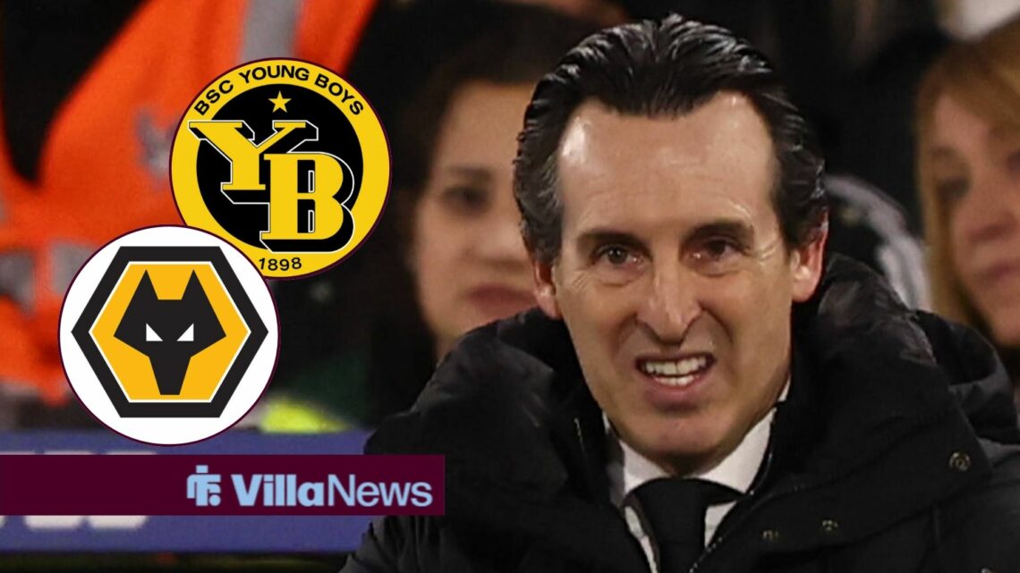 Unai Emery looking at Wolves and Young Boys badges in circular insets