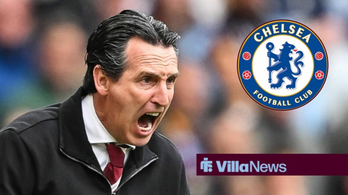 Unai Emery is furious and Chelsea badge in circular inset