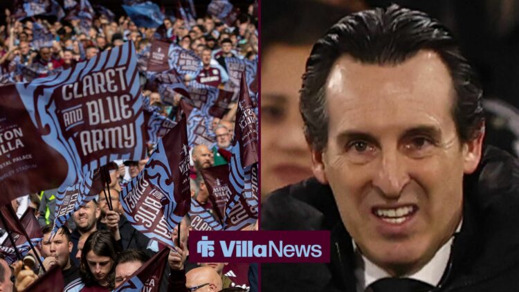 Unai Emery looking looking upset at Villa fans in split image