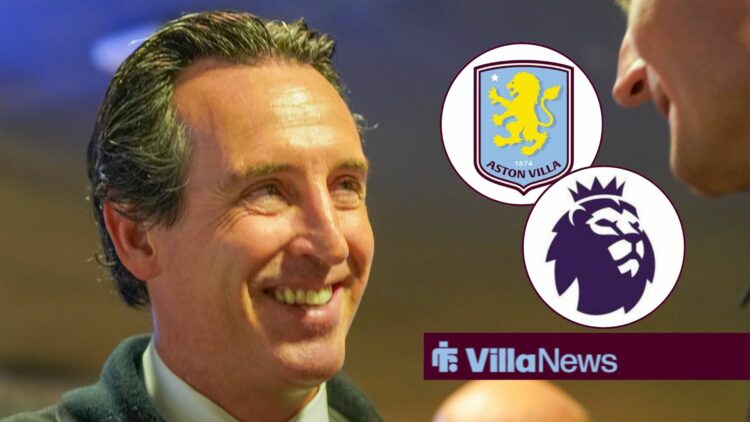 Emery smiling at Premier League and Villa badges in circular insets