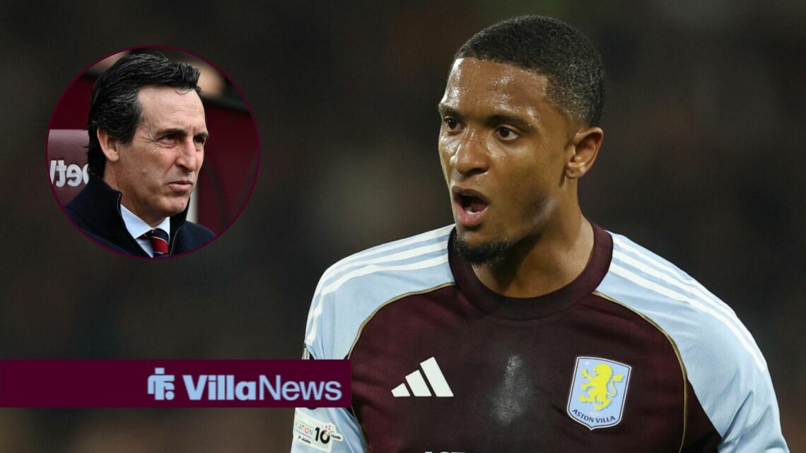 Ezri Konsa shouts instructions during a game for Aston Villa, as manager Unai Emery looks concerned in the dugout in a circular inset.