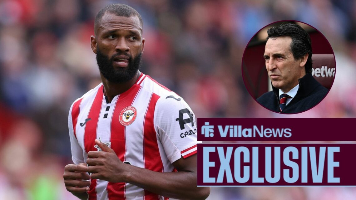 Villa News exclusive as Igor Thiago is in action for Brentford, while Aston Villa manager Unai Emery watches on from the dugout in a circular inset.