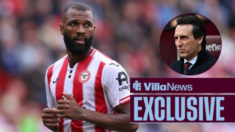 Villa News exclusive as Igor Thiago is in action for Brentford, while Aston Villa manager Unai Emery watches on from the dugout in a circular inset.