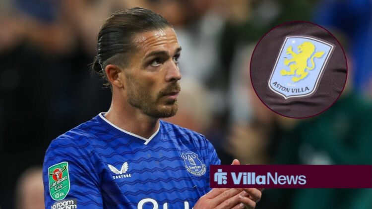 Jack Grealish in an Everton shirt, Aston Villa badge in inset.