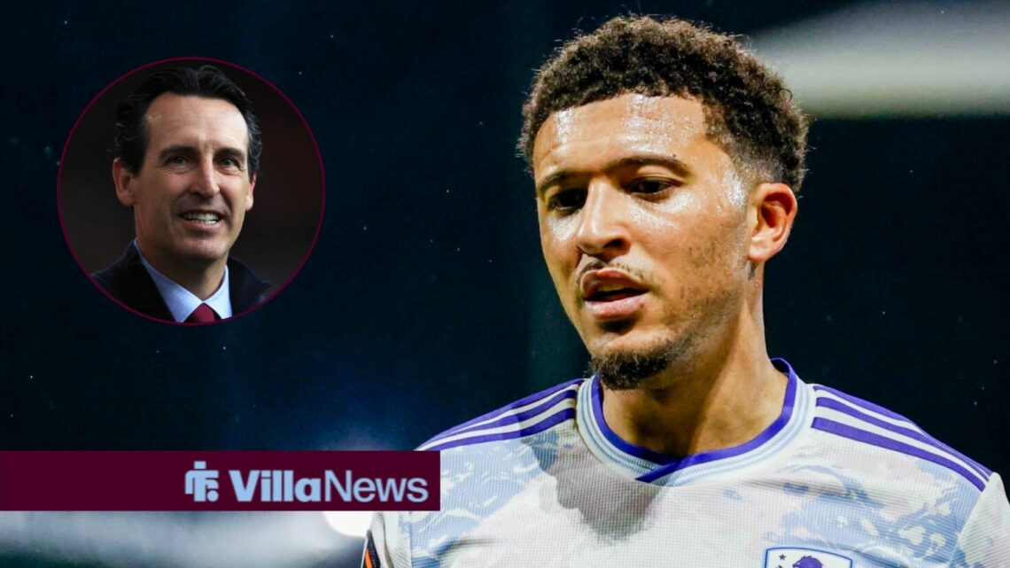 Jadon Sancho stares at the ground during a game for Aston Villa, as manager Unai Emery smiles in a circular inset.