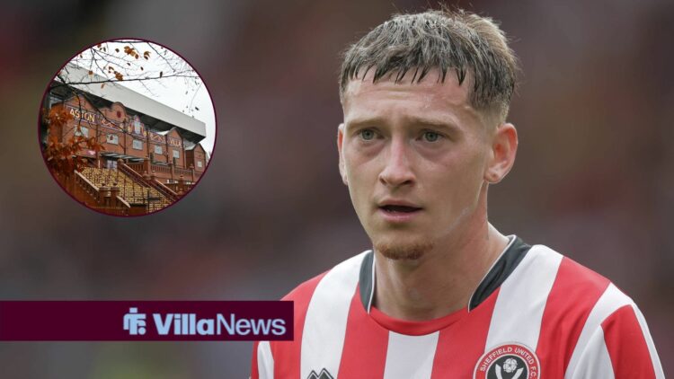 Aston Villa loanee Louie Barry is in action for Sheffield United, as the Holte End at Villa Park features in a circular inset.