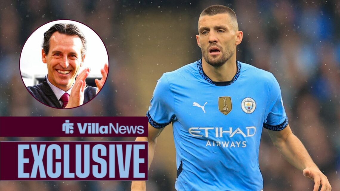 Villa News exclusive as Mateo Kovacic is in action for Manchester City, while Aston Villa manager Unai Emery smiles and applauds in a circular inset.