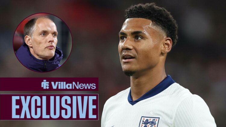 Villa News exclusive as Aston Villa striker Ollie Watkins stares expectantly towards a circular inset, where England manager Thomas Tuchel stands l...