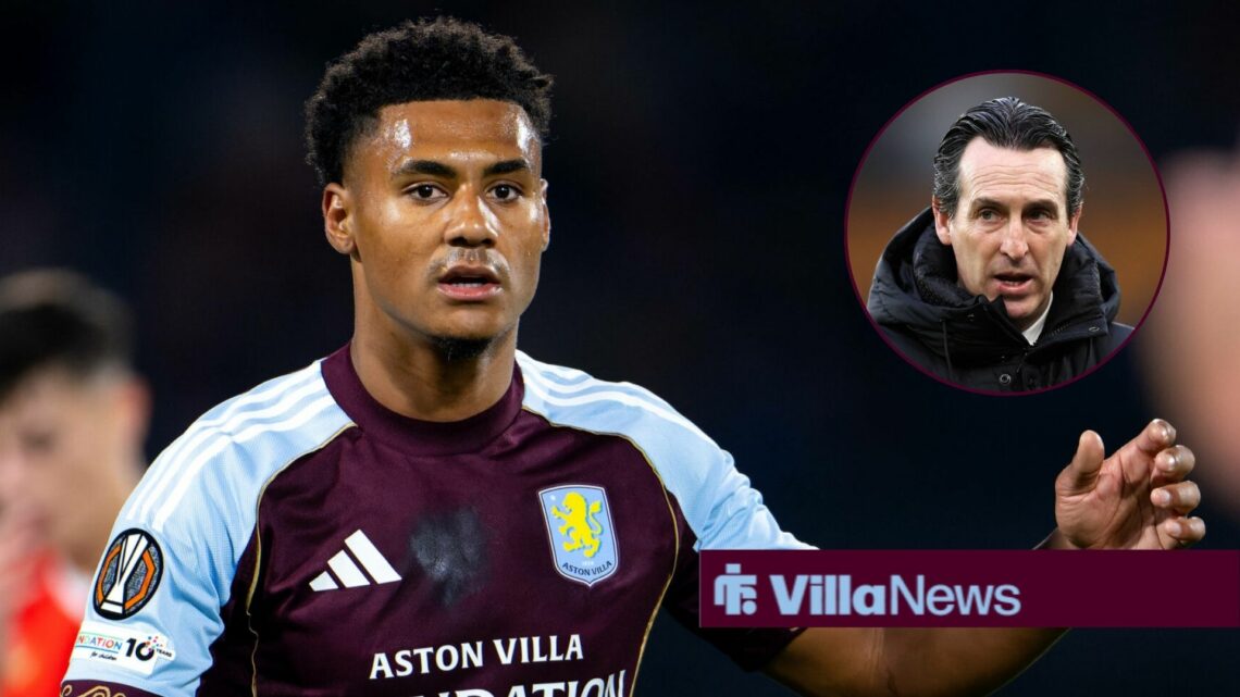 Aston Villa striker Ollie Watkins in action during a game as manager Unai Emery glances across from a circular inset.