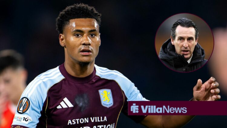 Aston Villa striker Ollie Watkins in action during a game as manager Unai Emery glances across from a circular inset.