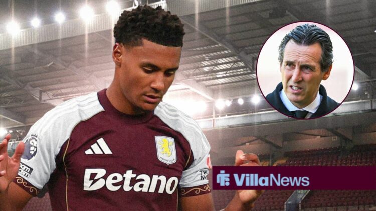 Ollie Watkins stares at the ground during a game for Aston Villa, as manager Unai Emery looks concerned in a circular inset.