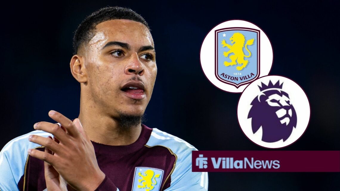 Morgan Rogers clapping at Aston Villa and Premier League badges in circular insets