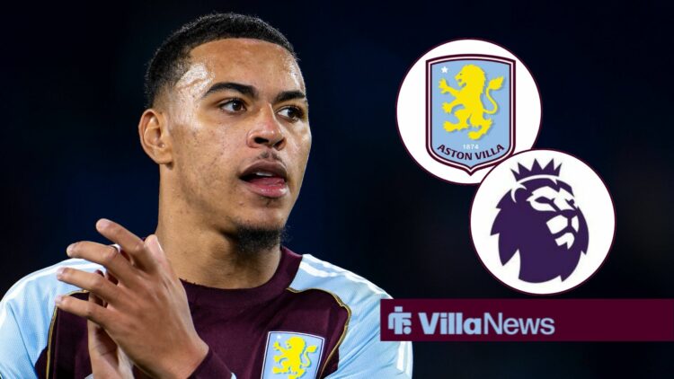 Morgan Rogers clapping at Aston Villa and Premier League badges in circular insets