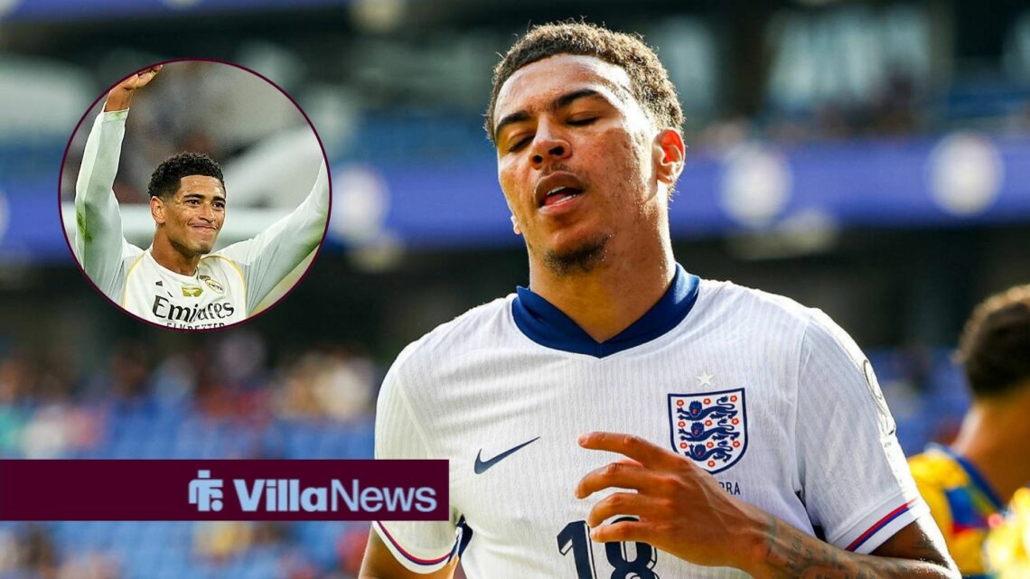 Morgan Rodgers frustrated in an England shirt and Jude Bellingham holds his arms aloft in a round overlay