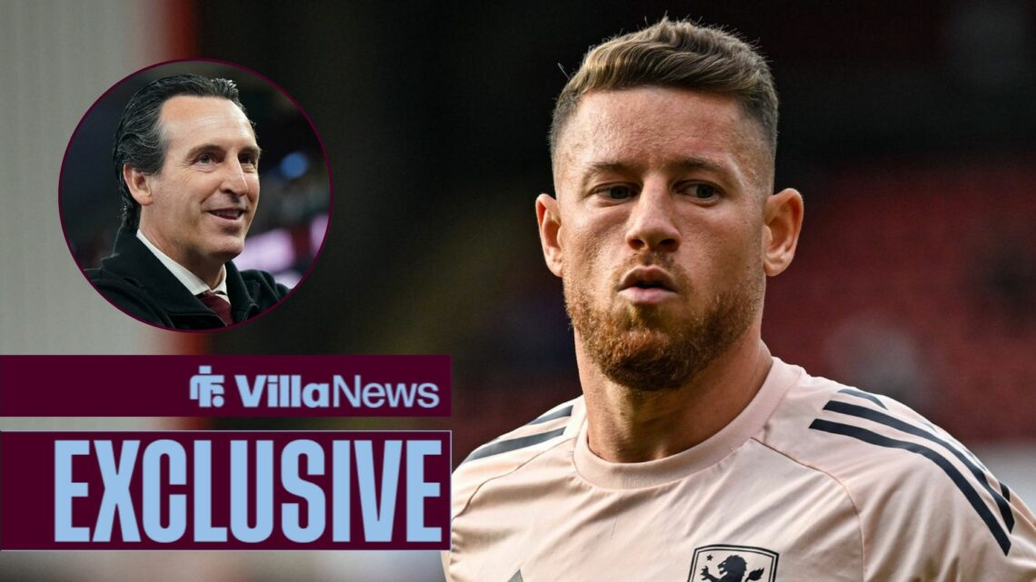 Villa News exclusive as Ross Barkley warms up ahead of game, as manager Unai Emery grins in a circular inset.