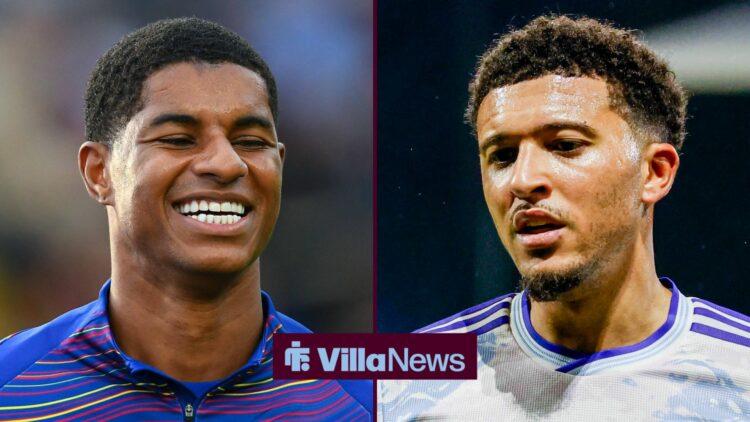 Marcus Rashford smiling at Jadon Sancho in split image