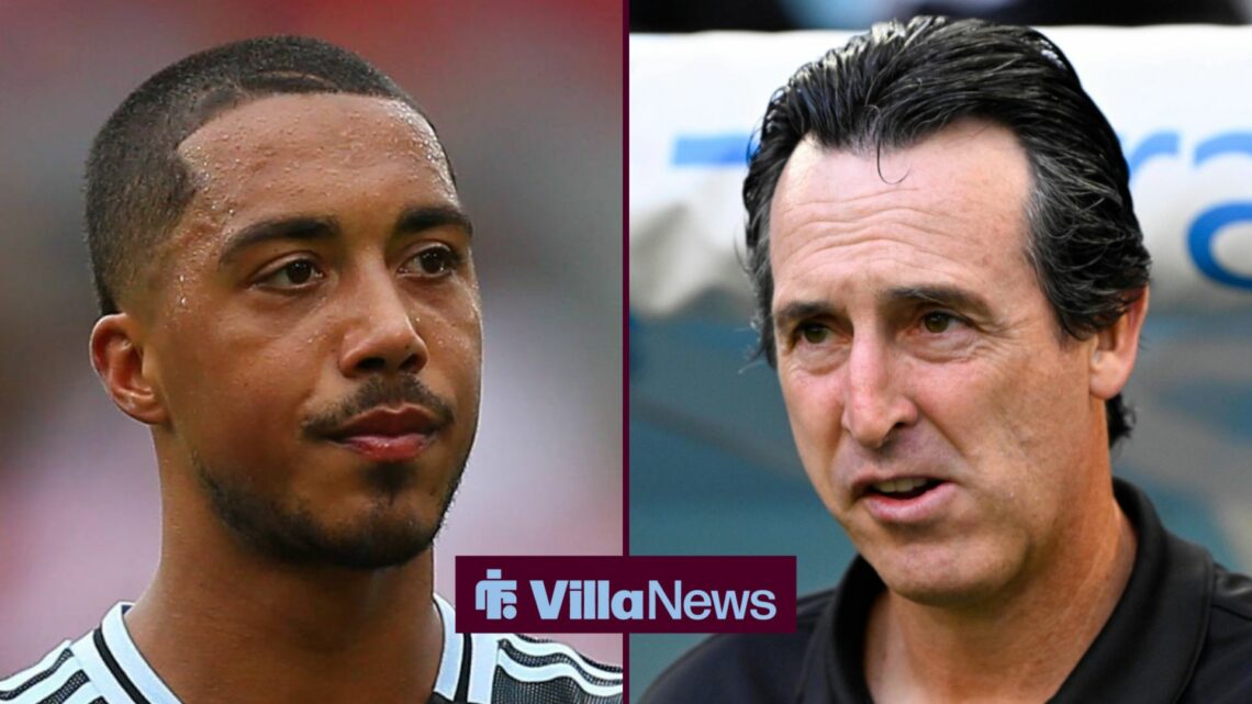 Youri Tielemans looking at Unai Emery in split image