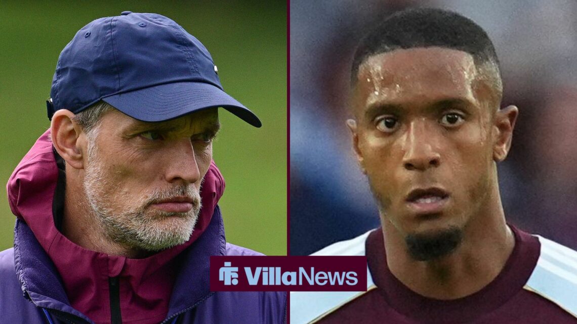 Thomas Tuchel looking at Ezri Konsa in split image