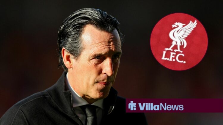 Aston Villa boss Unai Emery looking concerned, Liverpool badge in inset.
