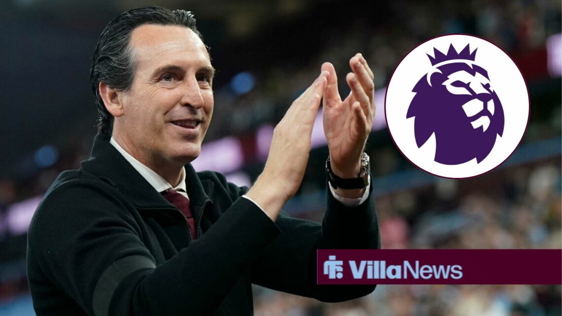 Aston Villa manager Unai Emery applauds in the direction of a circular inset, which features the Premier League logo.