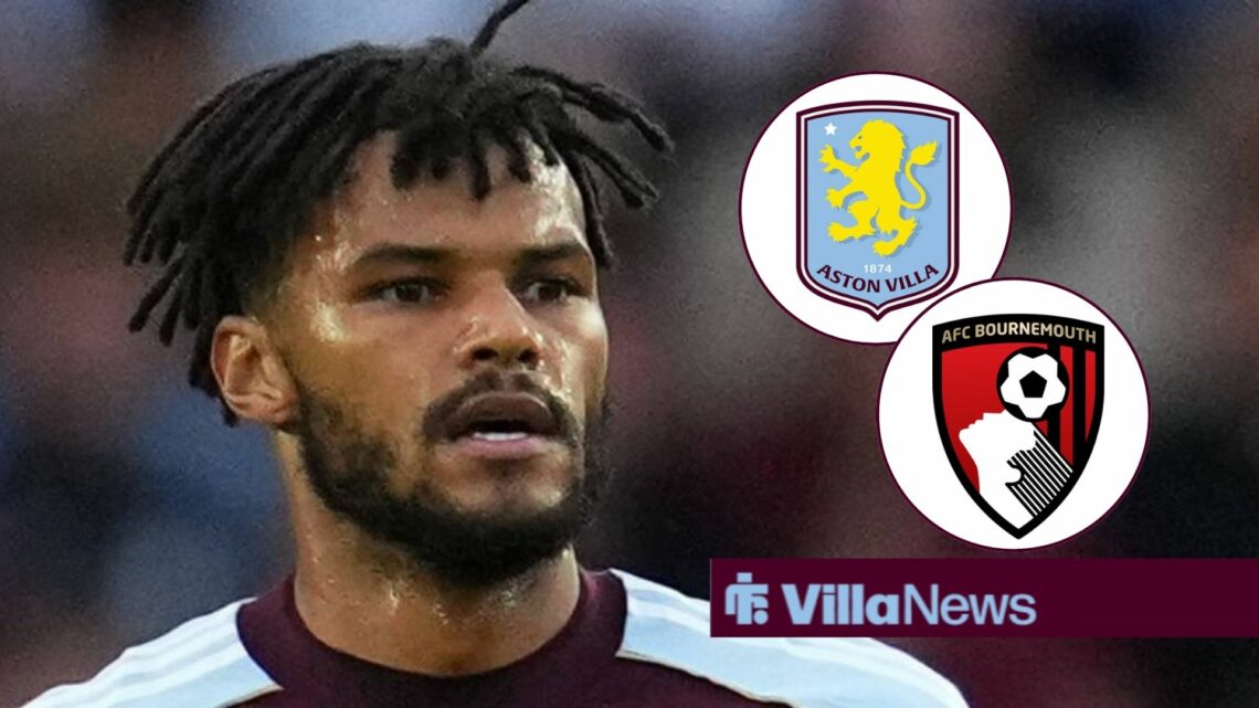 Tyrone Mings in action with Aston Villa and Bournemouth badges in circular inset