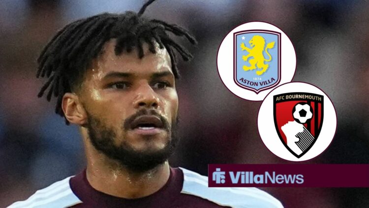 Tyrone Mings in action with Aston Villa and Bournemouth badges in circular inset