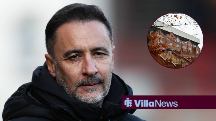Ex-Wolves manager Vitor Pereira looks solemnly towards a circular inset, which features a photo of Aston Villa's Holte End exterior.
